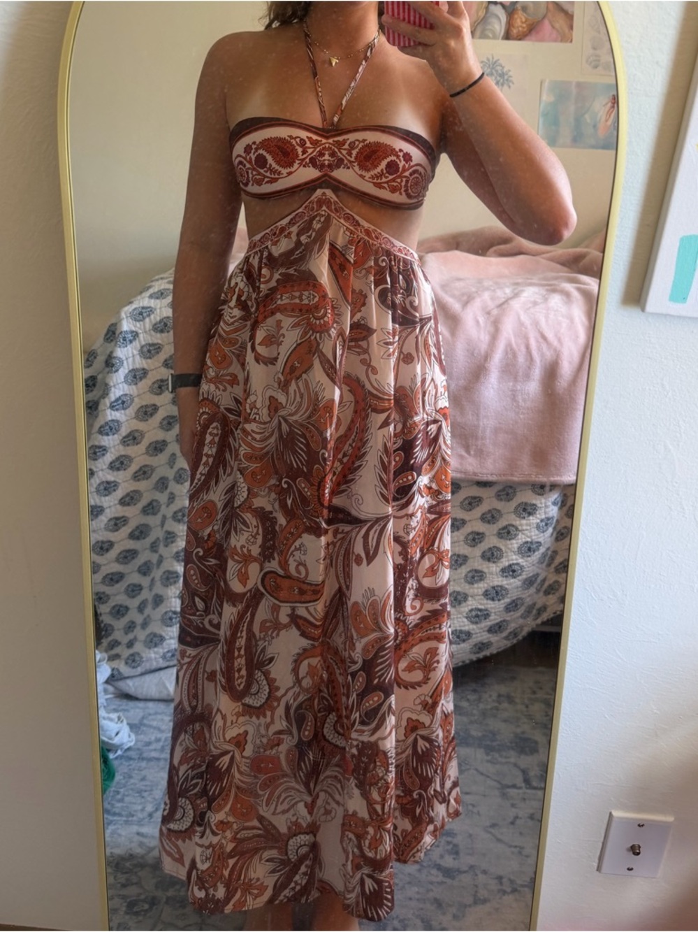 Strapless Paisley Maxi Dress in Brown and Cream